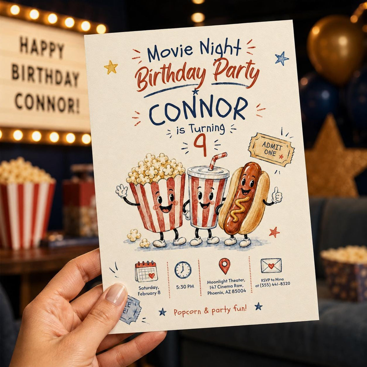Movie Night 9th Birthday Invitation — print-ready 9th birthday party design from VoltBy