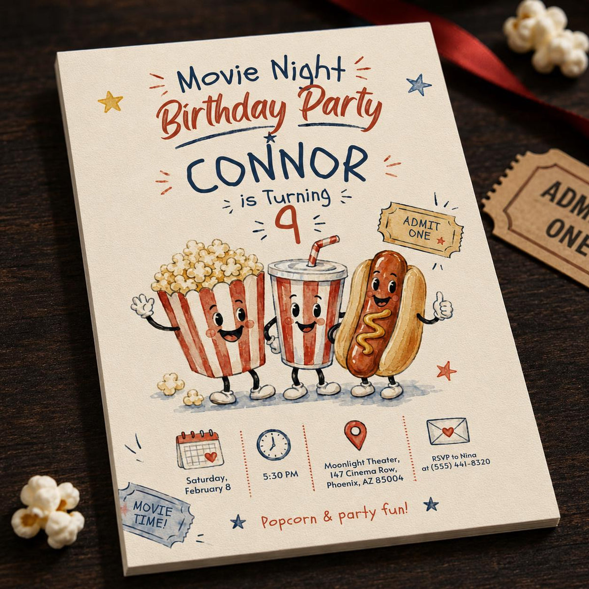 Movie Night 9th Birthday Invitation — 9th birthday party stationery by VoltBy