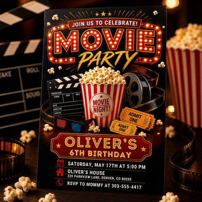 Movie Party 6th Birthday Invitation with Popcorn and Film Reel — print-ready 6th birthday party design from VoltBy