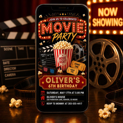 Movie Party 6th Birthday Invitation with Popcorn and Film Reel — digital invitation, instant download