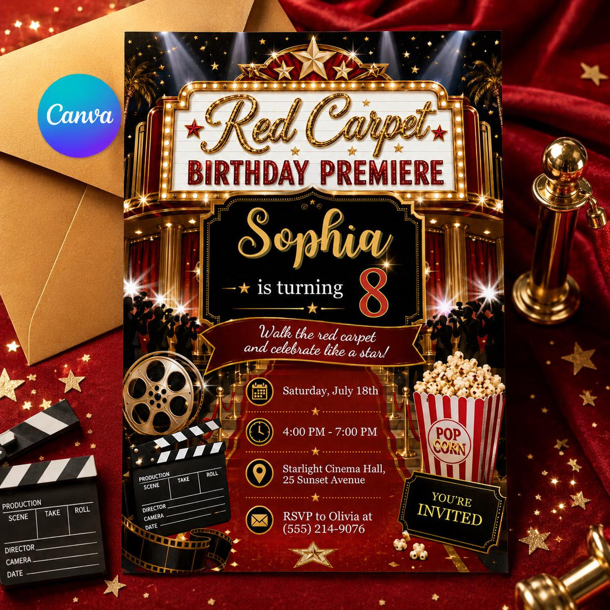 Movie Red Carpet 8th Birthday Invitation for Girls — editable Canva template