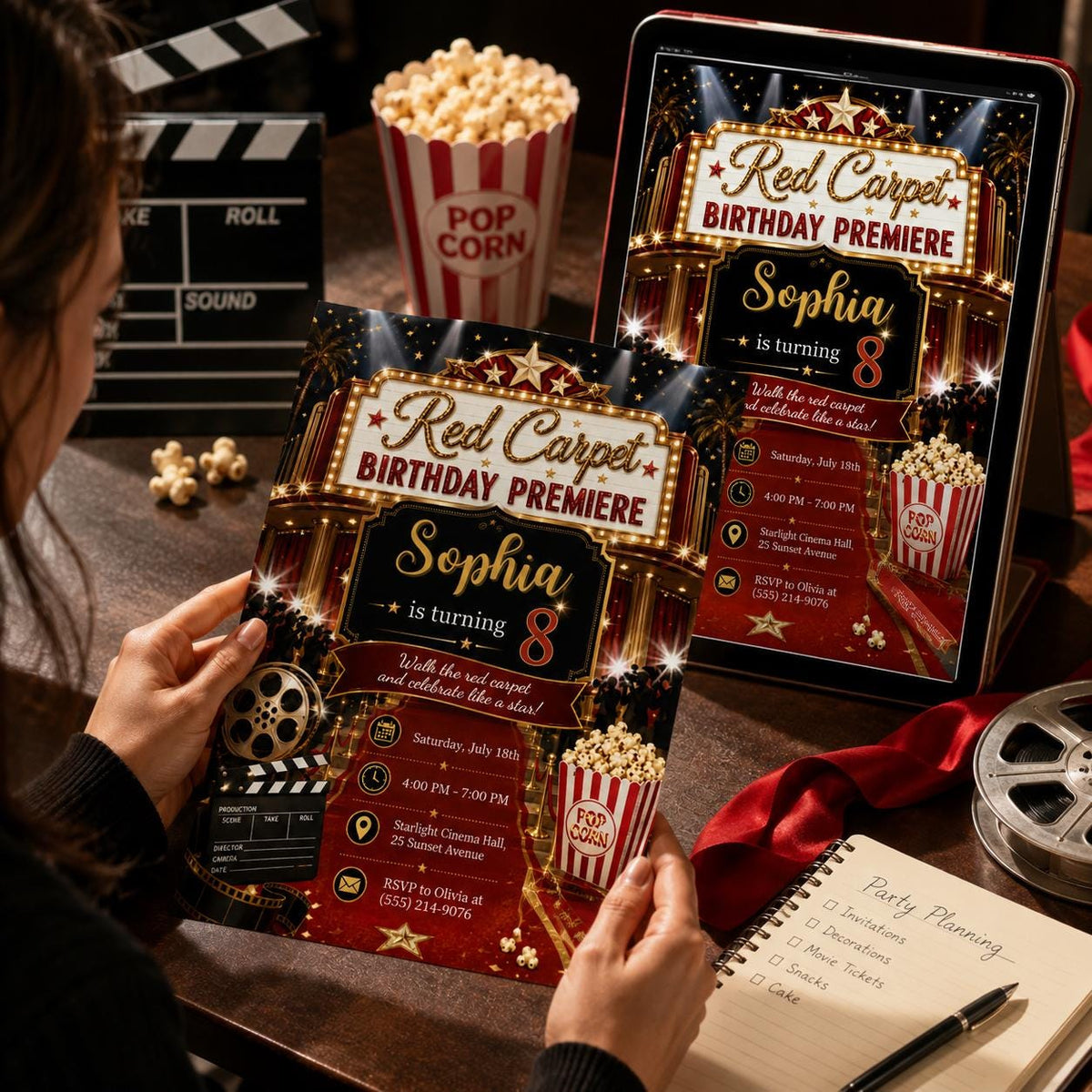 Movie Red Carpet 8th Birthday Invitation for Girls — invitation you personalize in Canva