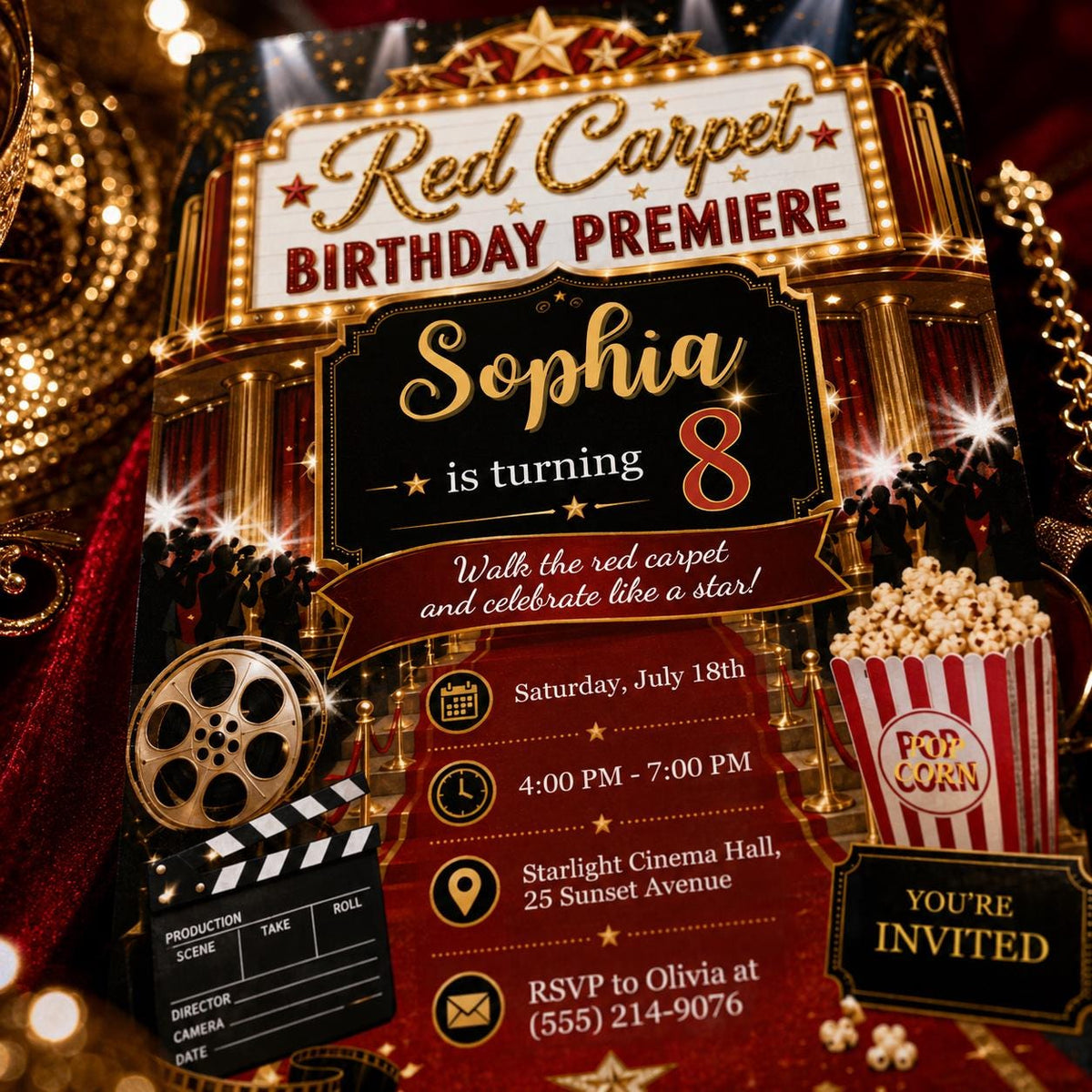 Movie Red Carpet 8th Birthday Invitation for Girls — print-ready 8th birthday party design from VoltBy