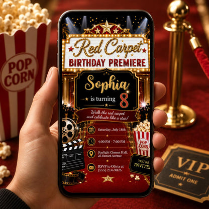 Movie Red Carpet 8th Birthday Invitation for Girls — digital invitation, instant download