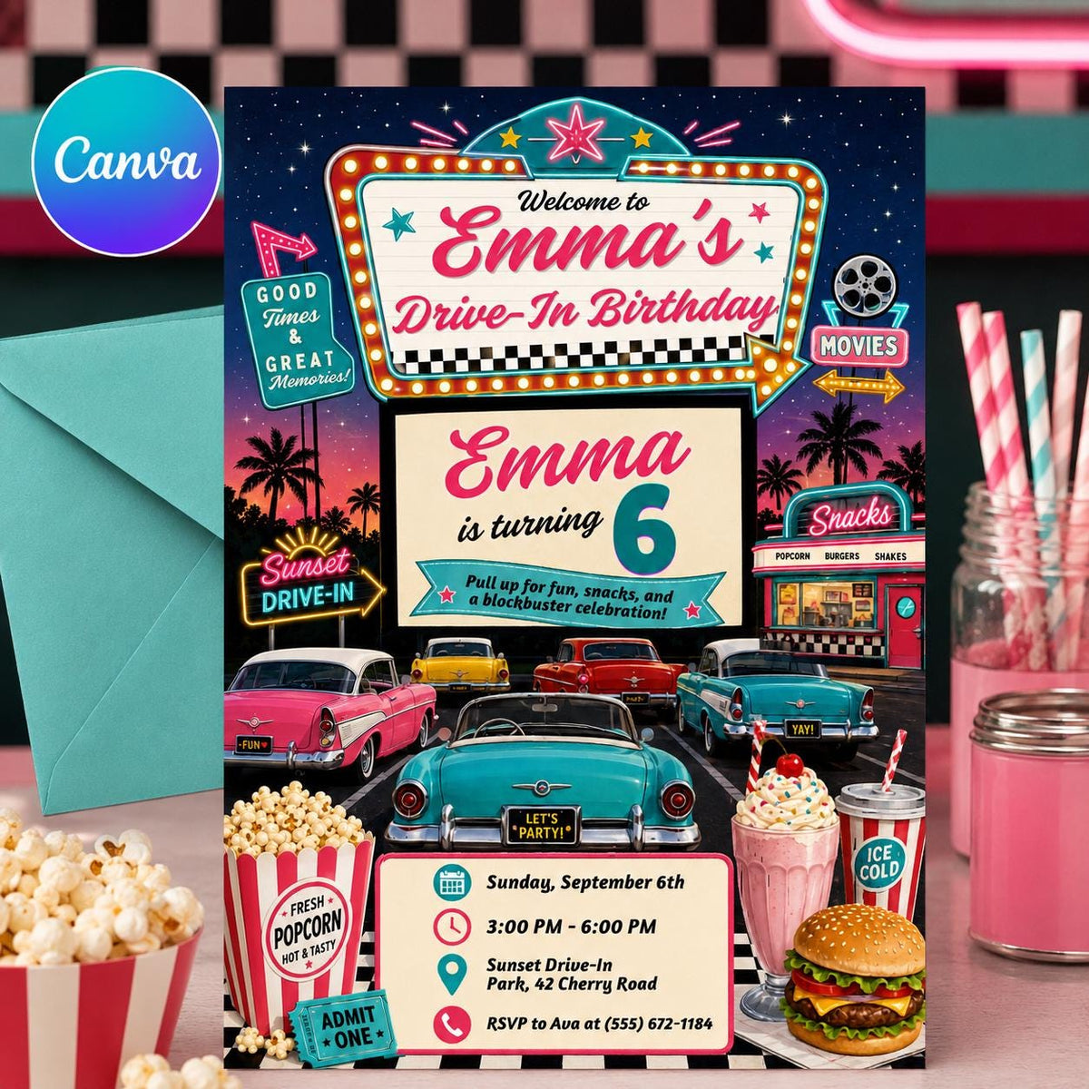 Movie Retro Drive In Birthday Invitation — editable Canva template