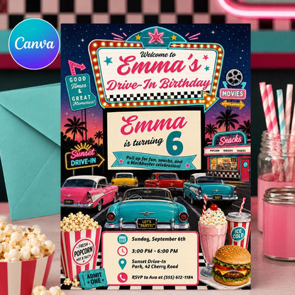 Movie Retro Drive In Birthday Invitation — editable Canva template