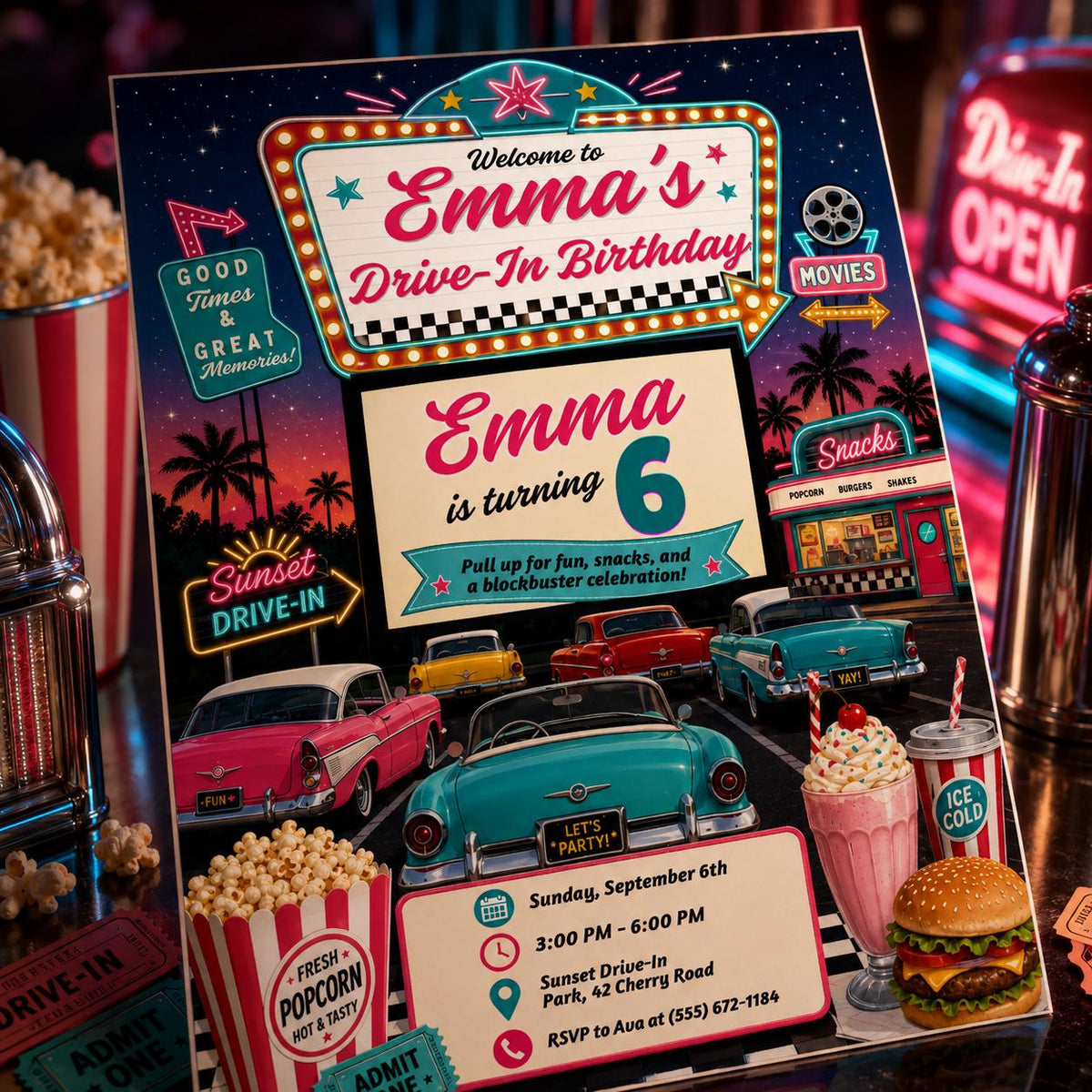 Movie Retro Drive In Birthday Invitation — print-ready birthday party design from VoltBy