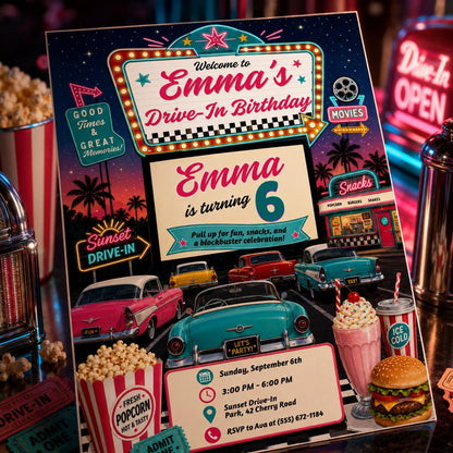 Movie Retro Drive In Birthday Invitation — print-ready birthday party design from VoltBy
