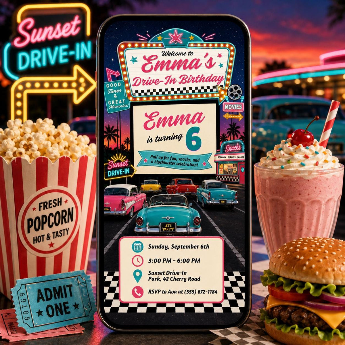 Movie Retro Drive In Birthday Invitation — digital invitation, instant download