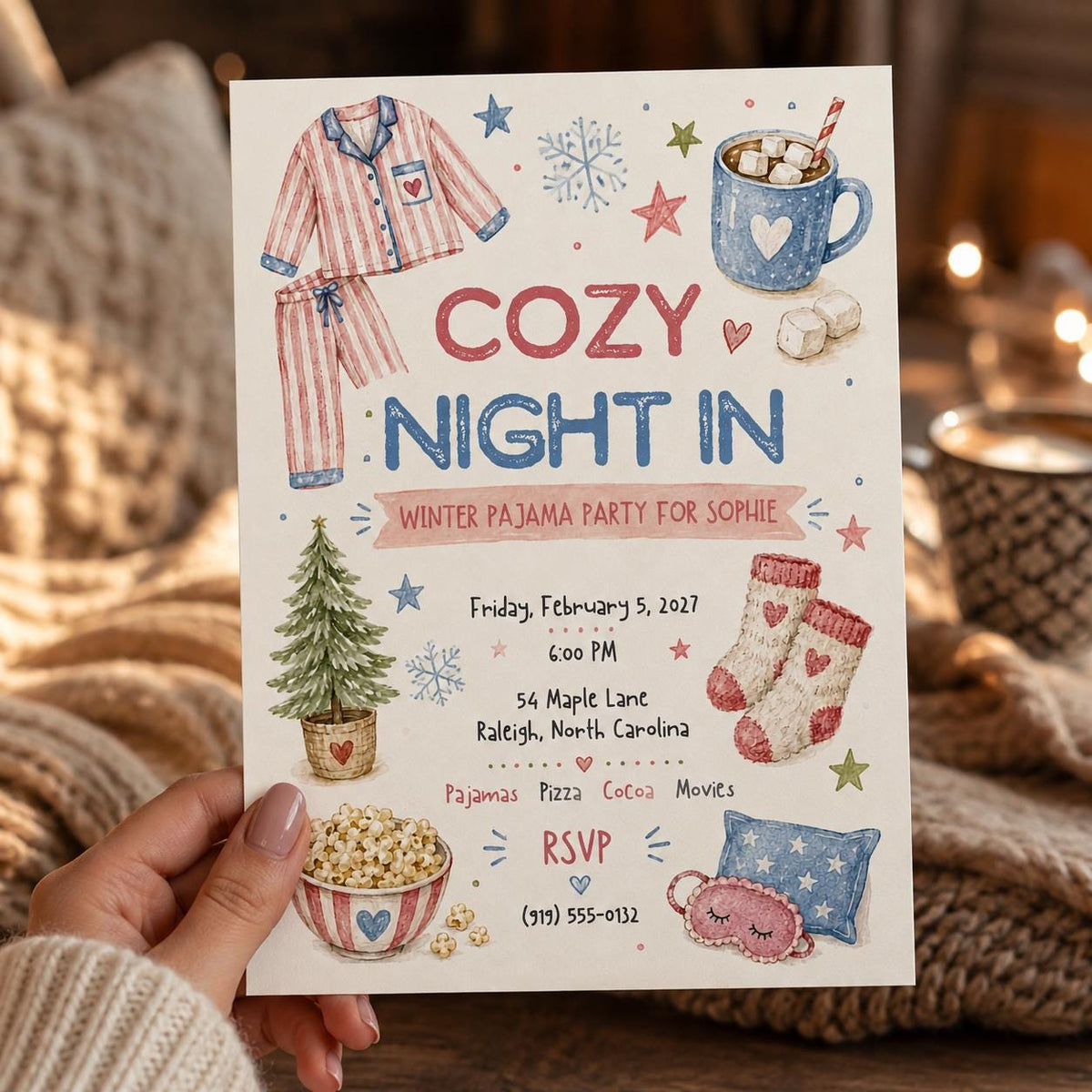 Movie Winter Pajama Party Invitation for Girls — invitation you personalize in Canva