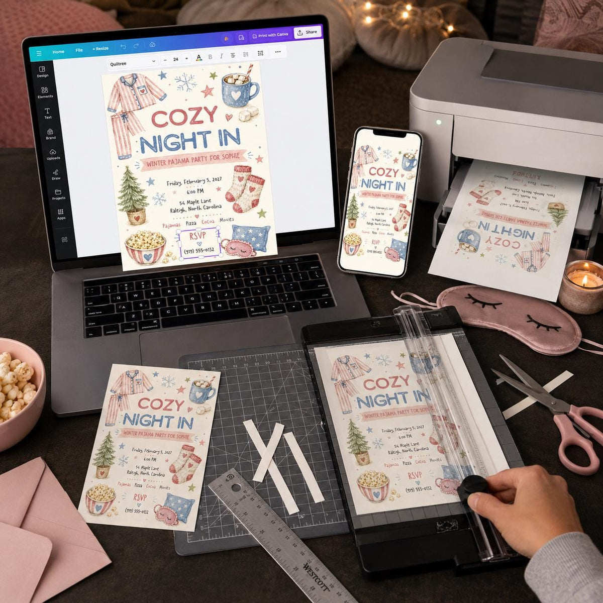 Movie Winter Pajama Party Invitation for Girls — print-ready sleepover party design from VoltBy