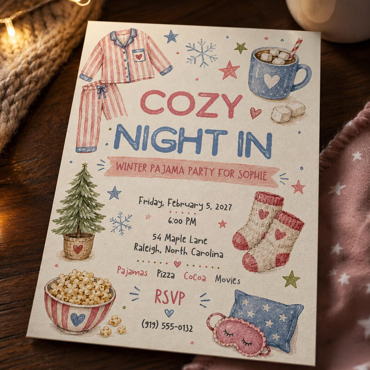 Movie Winter Pajama Party Invitation for Girls — digital invitation, instant download