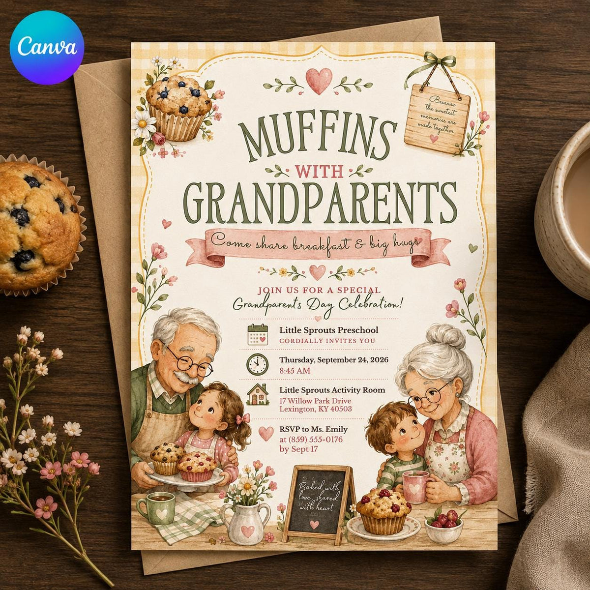 Muffins With Grandparents Invitation — editable Canva template