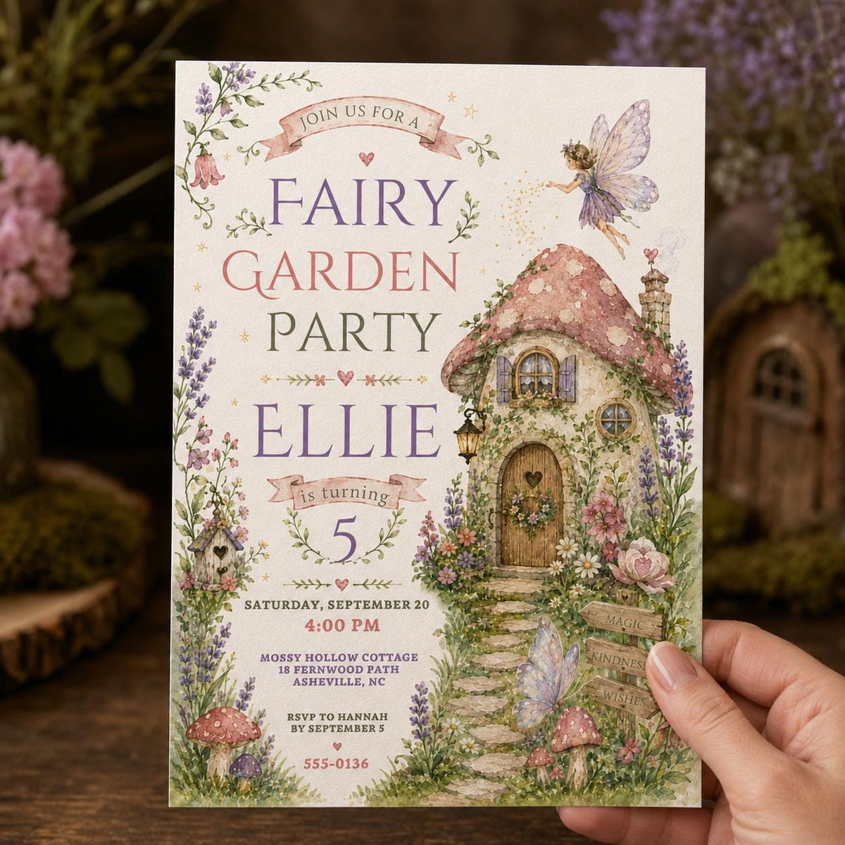 Mushroom Fairy Garden 5th Birthday Invitation — print-ready 5th birthday party design from VoltBy