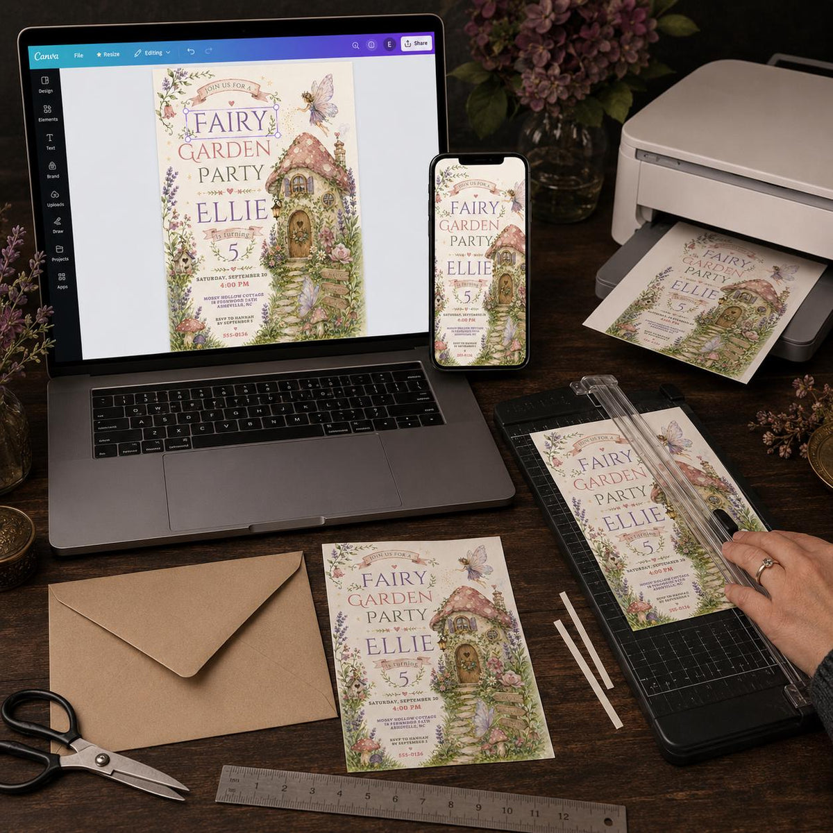 Mushroom Fairy Garden 5th Birthday Invitation — digital invitation, instant download