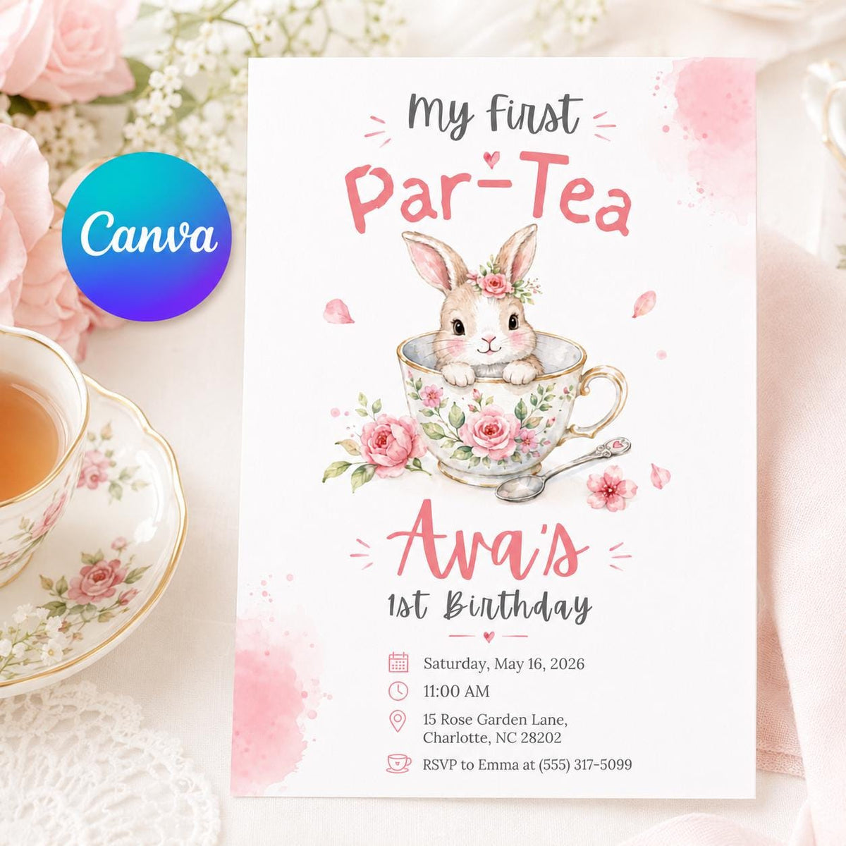 My First Par-Tea Bunny Teacup Birthday Invitation — editable Canva template
