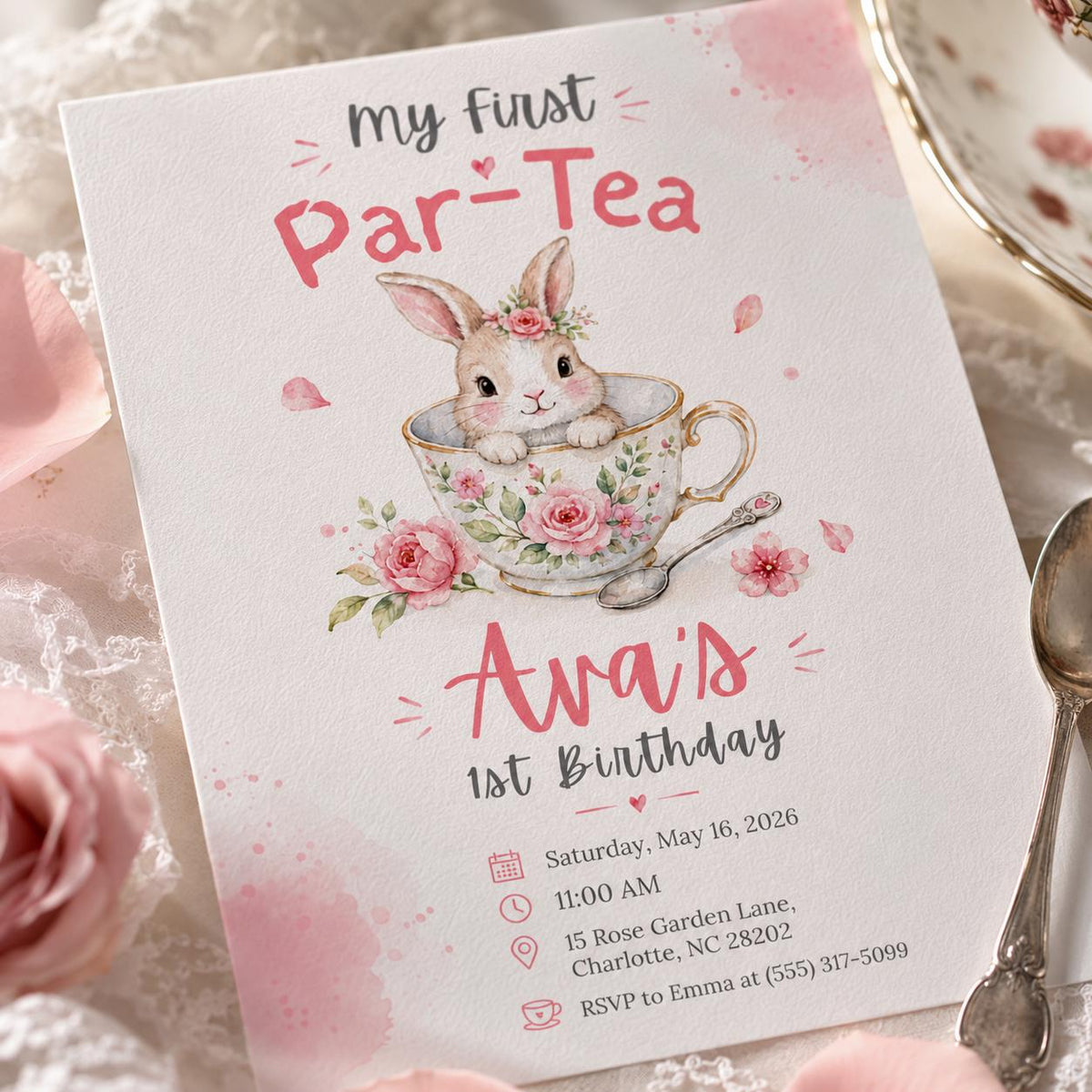 My First Par-Tea Bunny Teacup Birthday Invitation — invitation you personalize in Canva