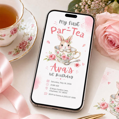 My First Par-Tea Bunny Teacup Birthday Invitation — print-ready first birthday design from VoltBy