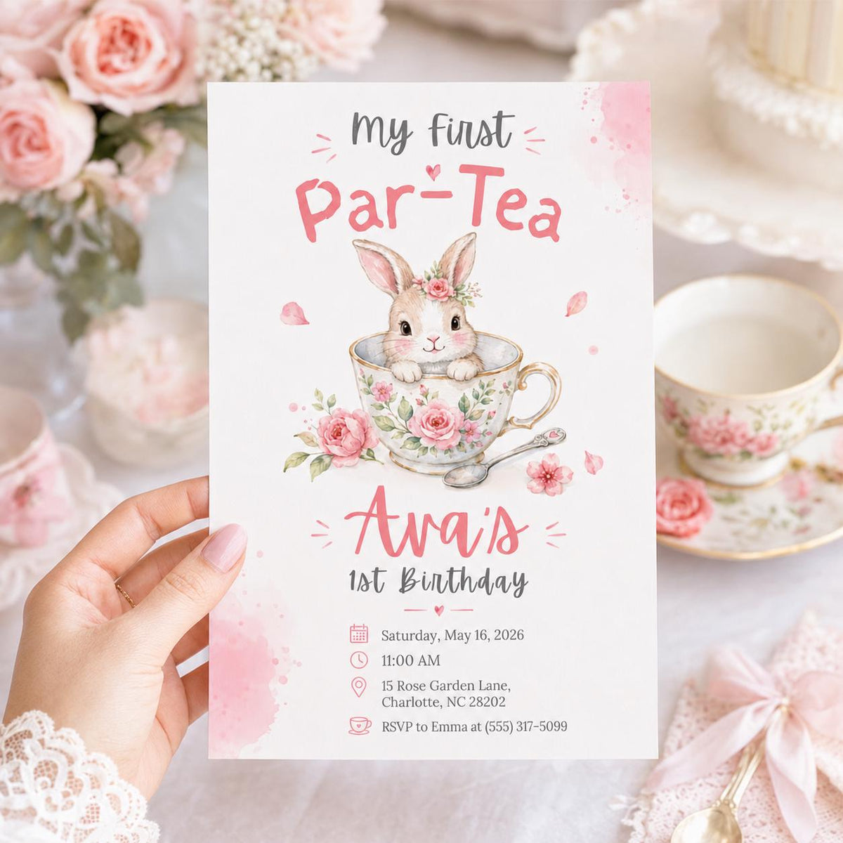 My First Par-Tea Bunny Teacup Birthday Invitation — digital invitation, instant download