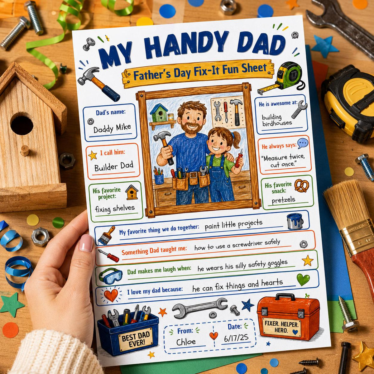 My Handy Dad Father's Day Tool Worksheet in blue and brown