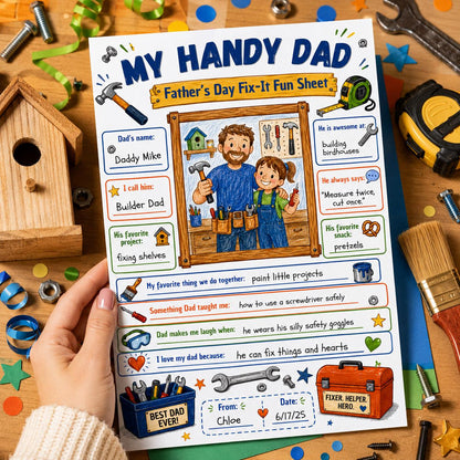 My Handy Dad Father's Day Tool Worksheet in blue and brown