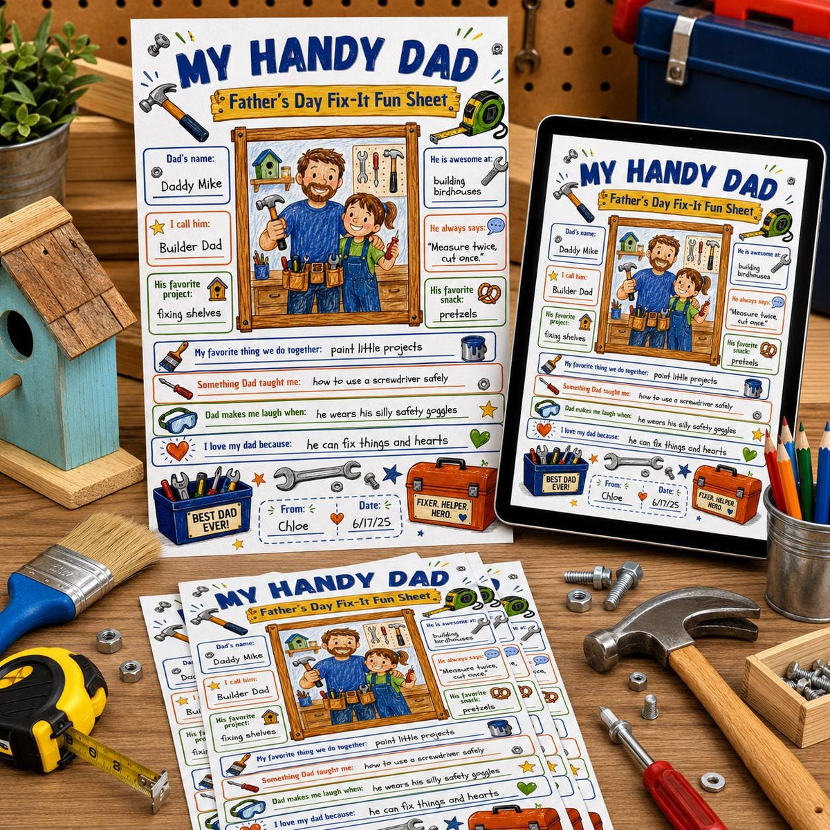 My Handy Dad Father's Day Tool Worksheet — tools artwork in blue and brown