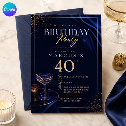 Navy and Blue 40th Birthday Invitation — editable Canva template