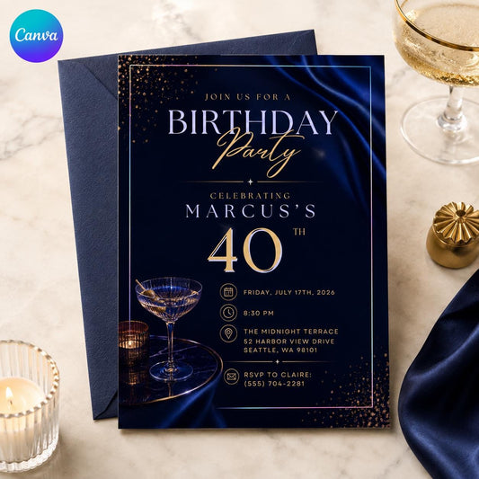 Navy and Blue 40th Birthday Invitation — editable Canva template