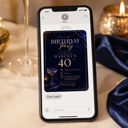 Navy and Blue 40th Birthday Invitation in gold