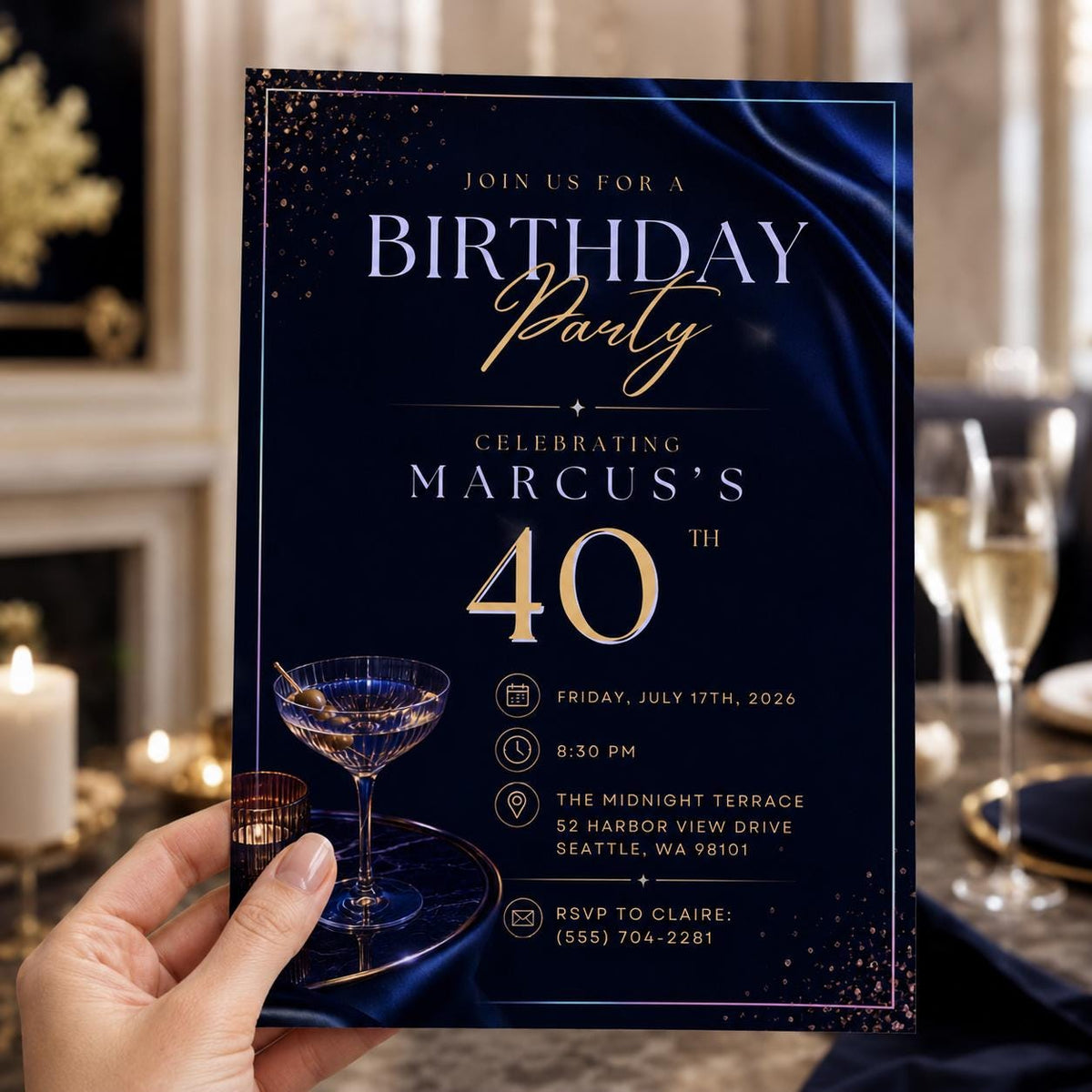 Navy and Blue 40th Birthday Invitation — cocktail design