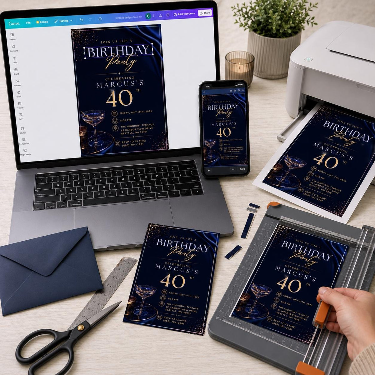 Navy and Blue 40th Birthday Invitation — invitation you personalize in Canva