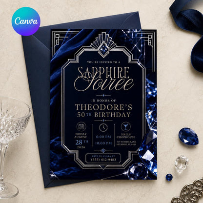 Navy and Blue 50th Birthday Invitation — editable Canva template