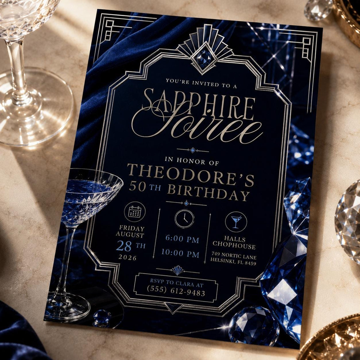 Navy and Blue 50th Birthday Invitation — cocktail design