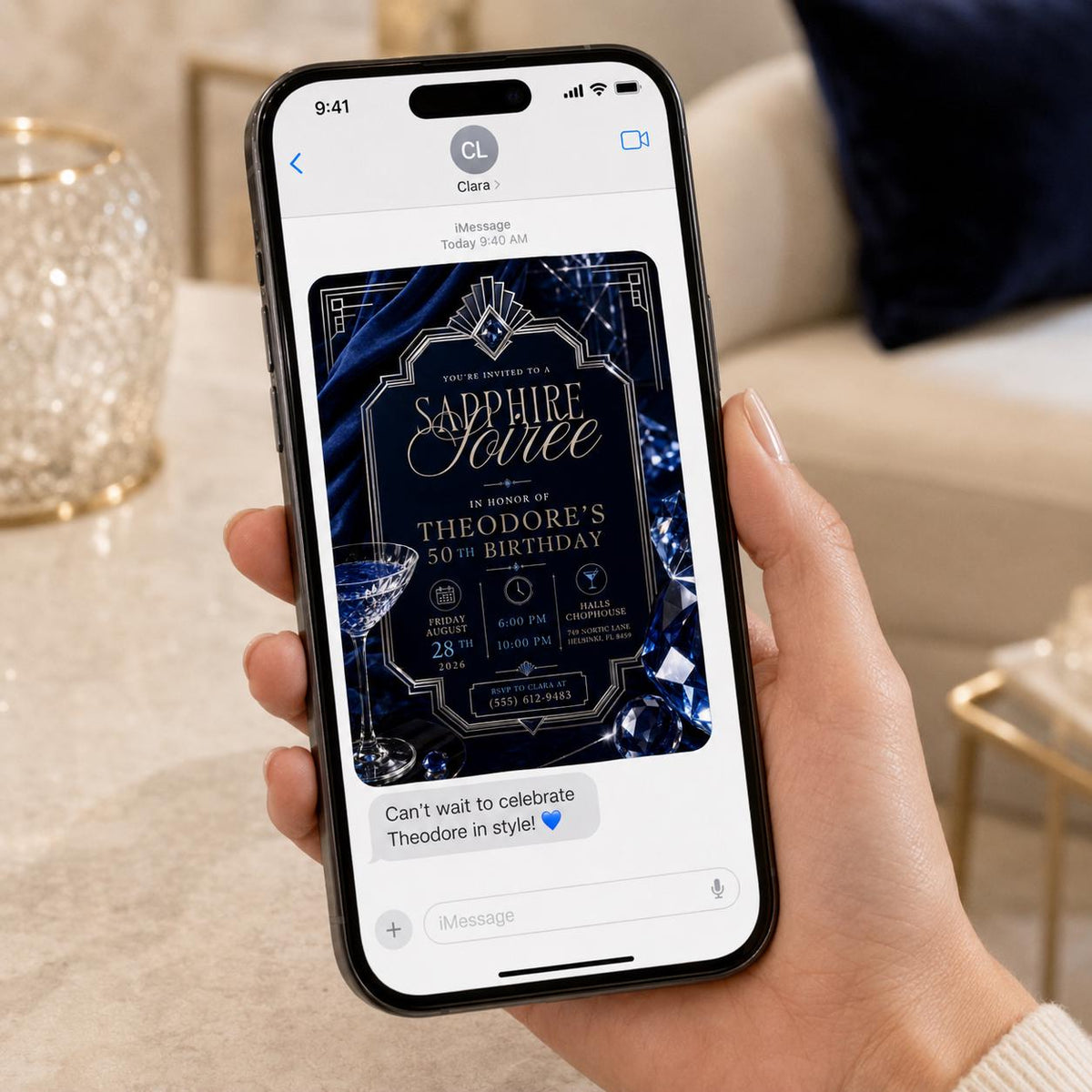 Navy and Blue 50th Birthday Invitation — art deco 50th birthday party design
