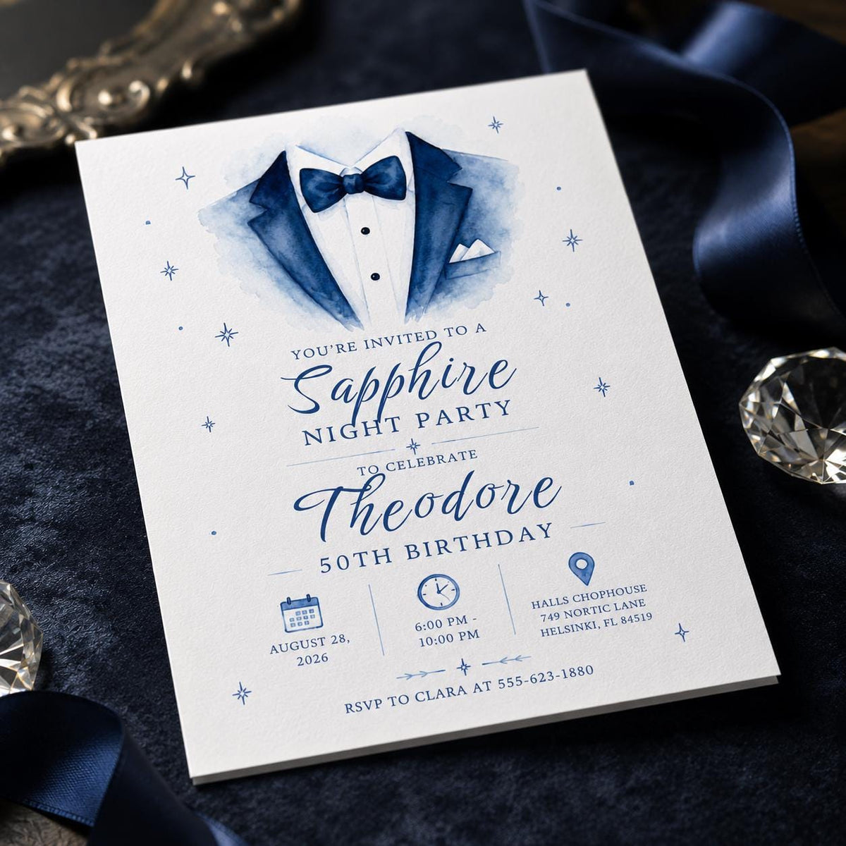Navy and Blue 50th Birthday Invitation for Him — print-ready 50th birthday party design from VoltBy