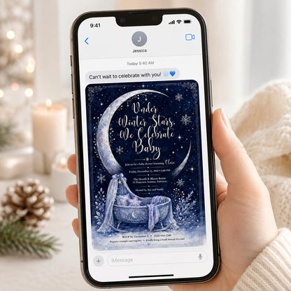 Navy and Blue Celestial Baby Shower Invitation — snowflake design