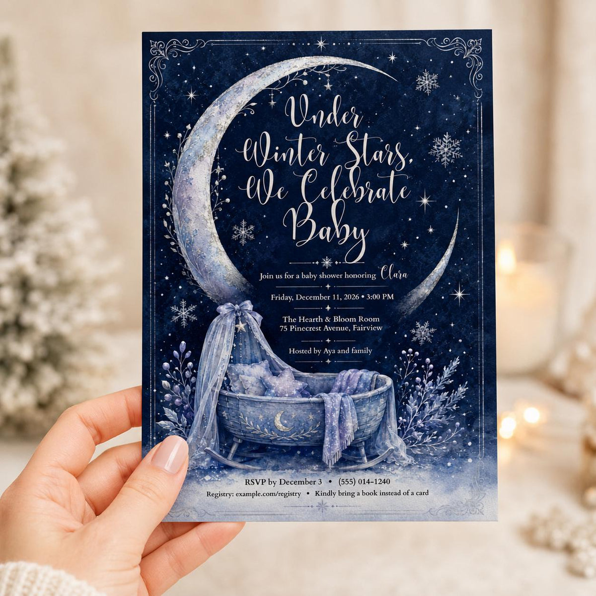 Navy and Blue Celestial Baby Shower Invitation — invitation you personalize in Canva