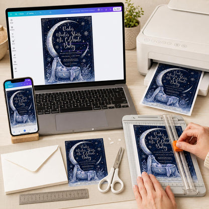 Navy and Blue Celestial Baby Shower Invitation — print-ready baby shower design from VoltBy