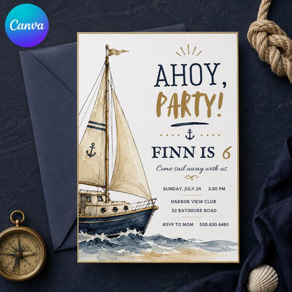 Navy and Blue Nautical 6th Birthday Invitation — editable Canva template
