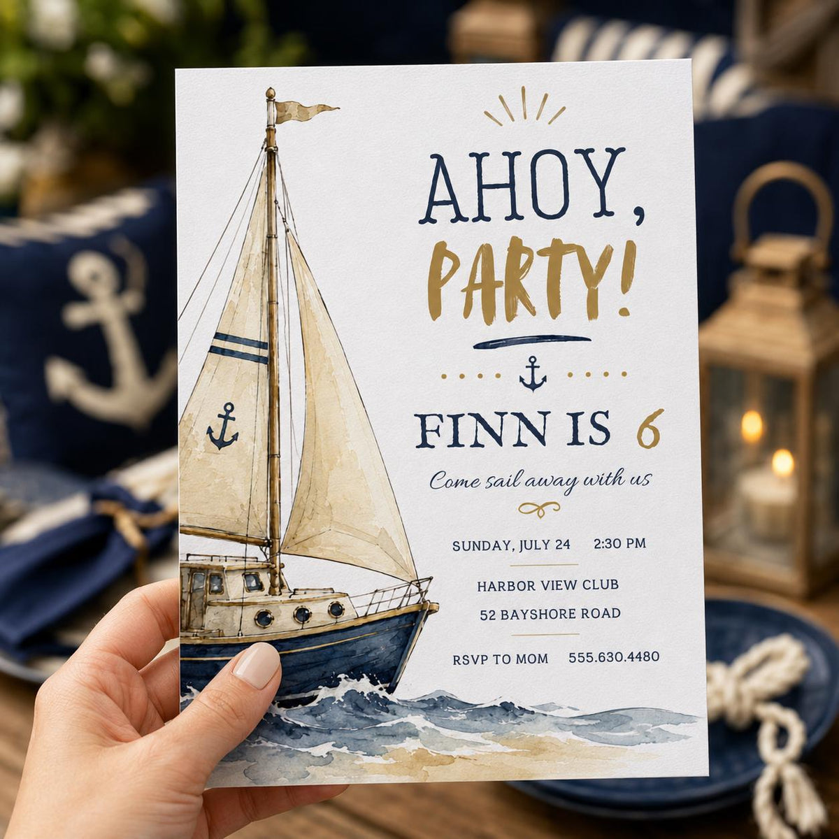 Navy and Blue Nautical 6th Birthday Invitation — invitation you personalize in Canva