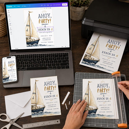 Navy and Blue Nautical 6th Birthday Invitation — print-ready 6th birthday party design from VoltBy