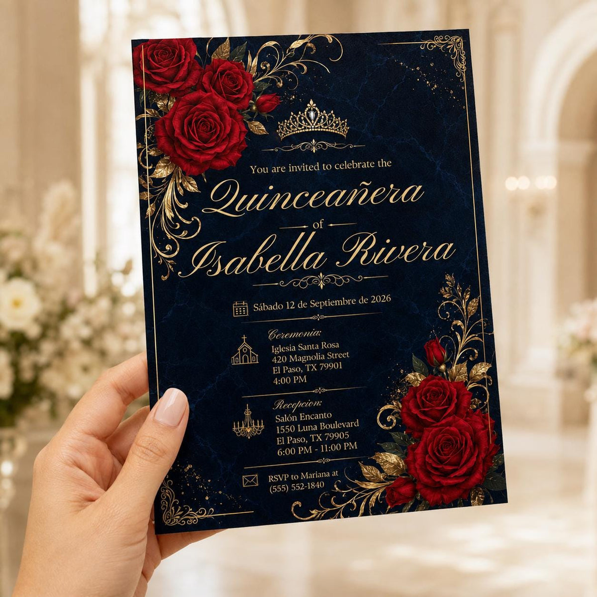 Navy and Blue Quinceañera Invitation in Spanish — elegant quinceañera design