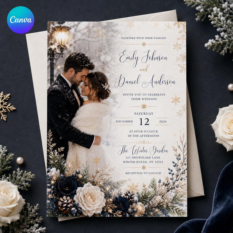 Navy and Blue Winter Wedding Invitation with Photo