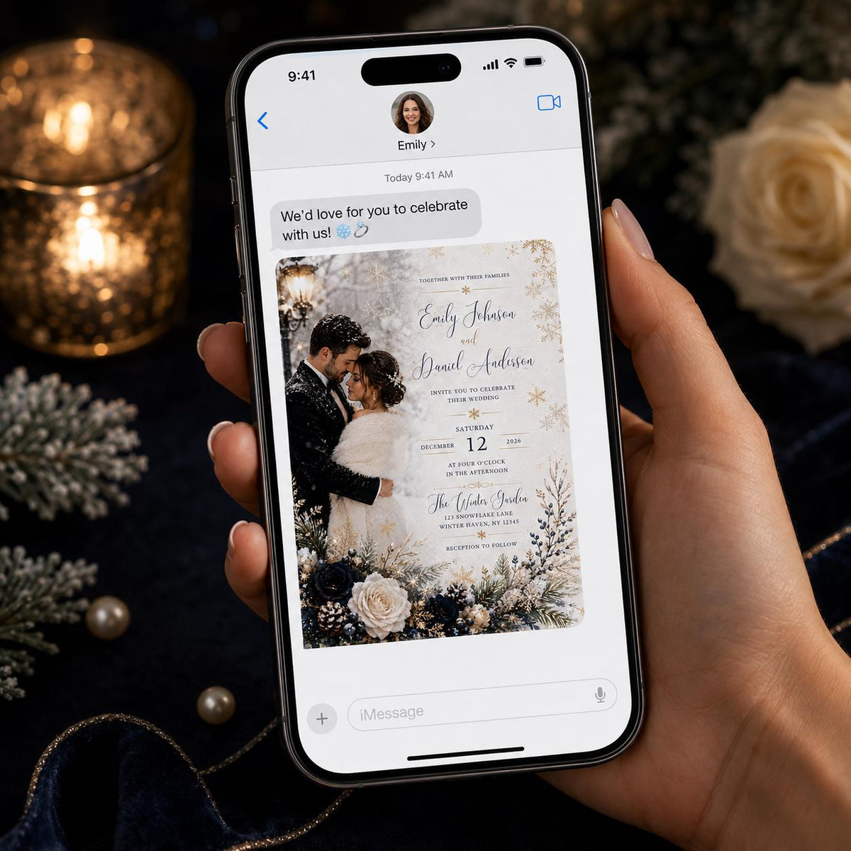 Navy and Blue Winter Wedding Invitation with Photo in gold