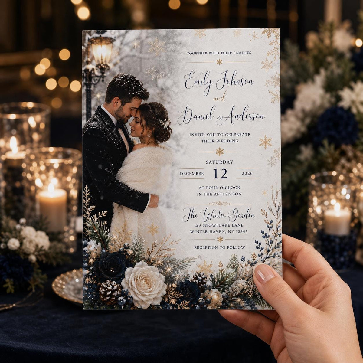 Navy and Blue Winter Wedding Invitation with Photo — floral snowflake design