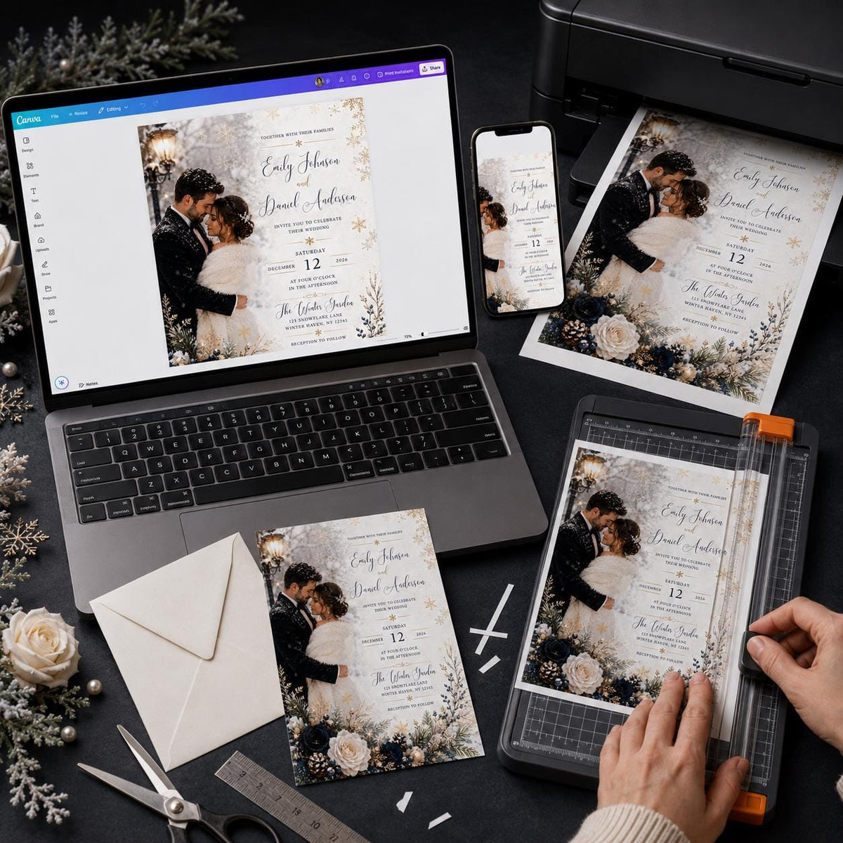 Navy and Blue Winter Wedding Invitation with Photo — invitation you personalize in Canva