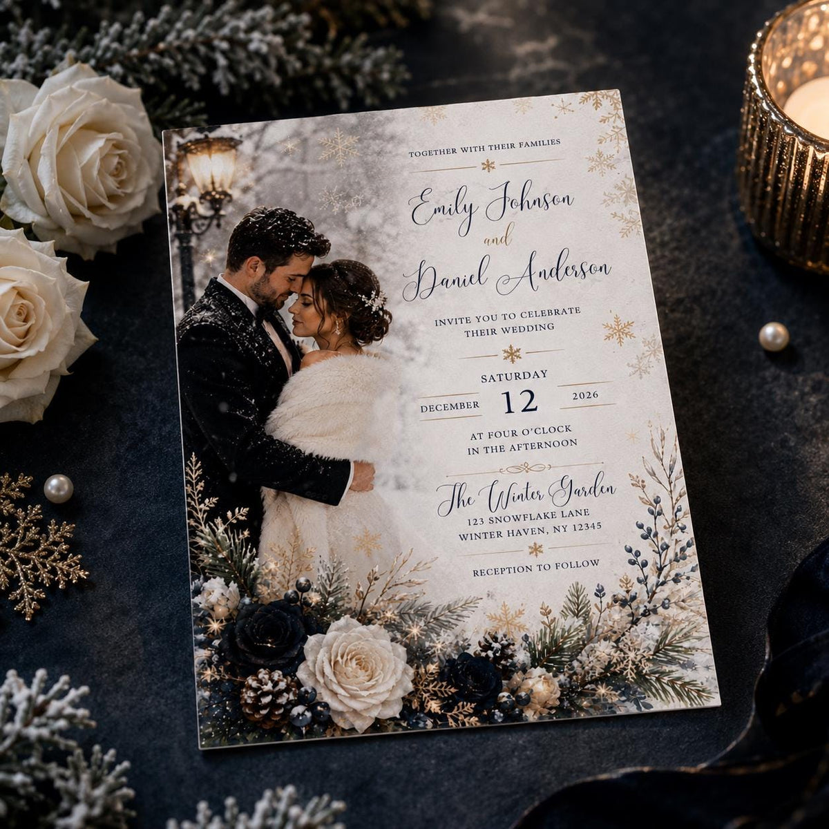 Navy and Blue Winter Wedding Invitation with Photo — elegant wedding design