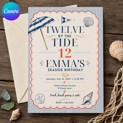 Navy and Coral Seaside 12th Birthday Invitation for Girls — editable Canva template