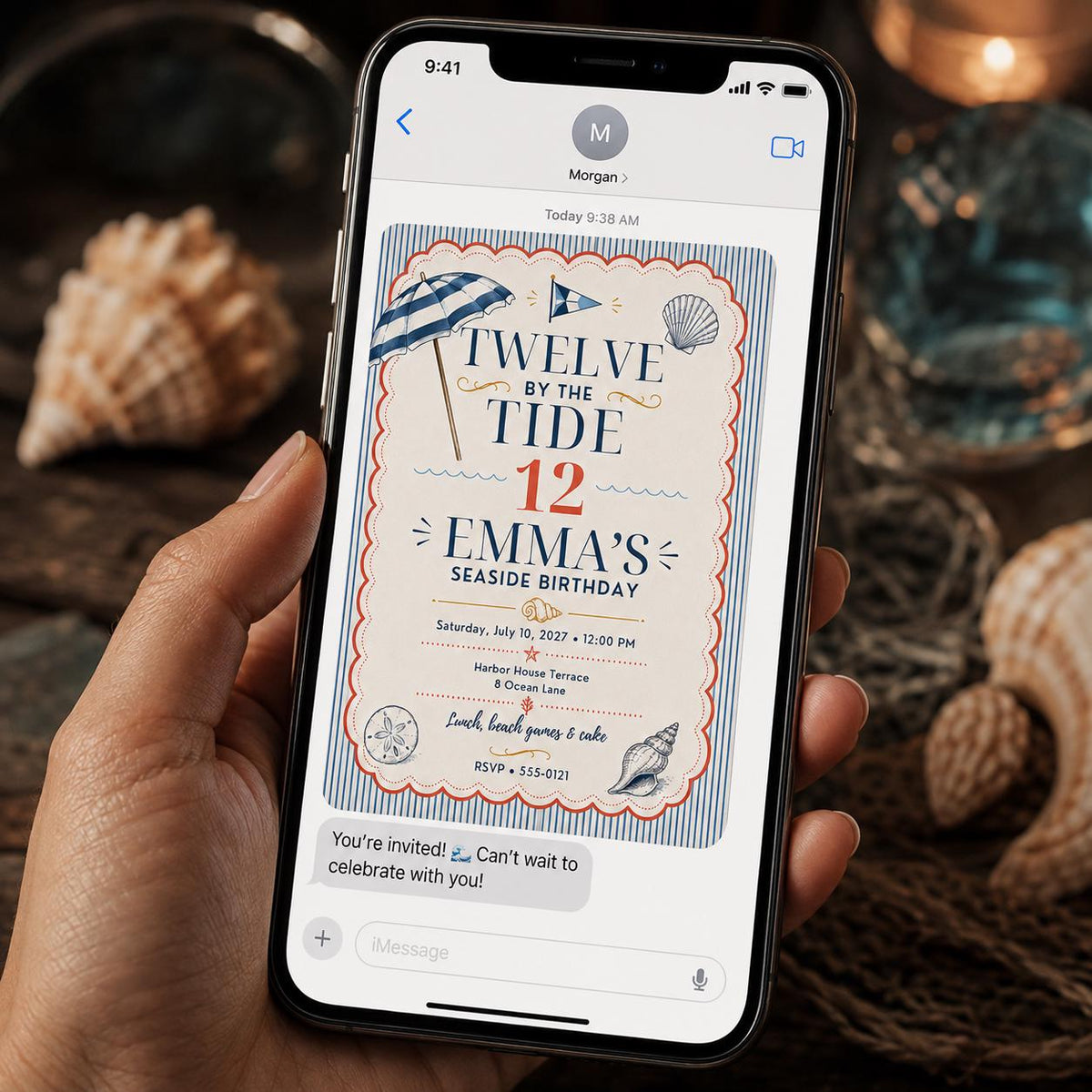 Navy and Coral Seaside 12th Birthday Invitation for Girls — beach design