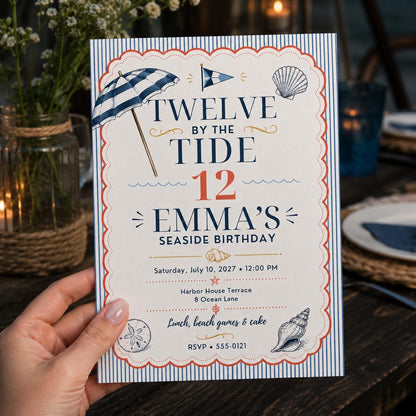 Navy and Coral Seaside 12th Birthday Invitation for Girls — invitation you personalize in Canva